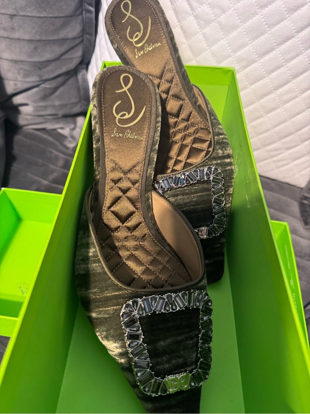 NWT Sam Edelman Olive Green Velvet Jeweled Slide Mules